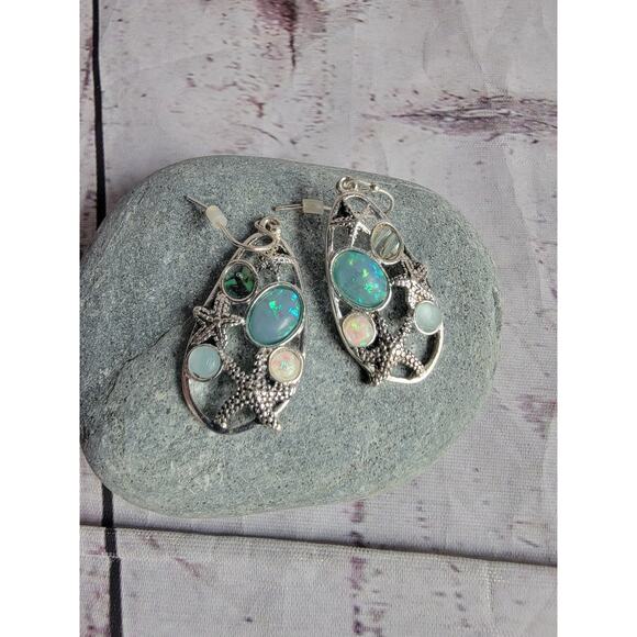 Starfish and Opal Oval Stone Teardrop Earrings Silvertone Nautical Beach - Picture 1 of 5